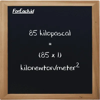 How to convert kilopascal to kilonewton/meter<sup>2</sup>: 85 kilopascal (kPa) is equivalent to 85 times 1 kilonewton/meter<sup>2</sup> (kN/m<sup>2</sup>)